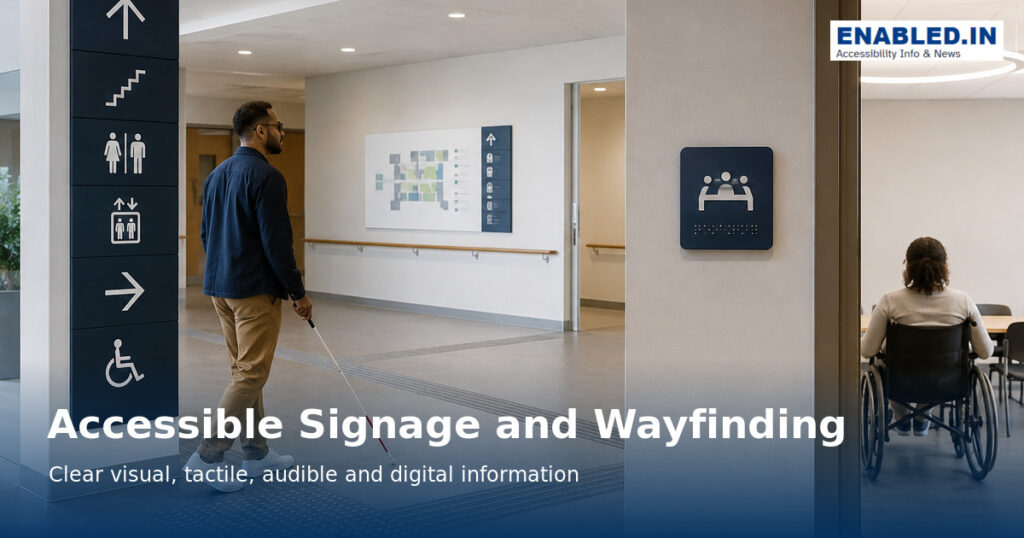 Accessible indoor wayfinding system with high-contrast directional signs, restroom and wheelchair symbols, a wall-mounted map, tactile signage and a wheelchair user navigating the corridor.