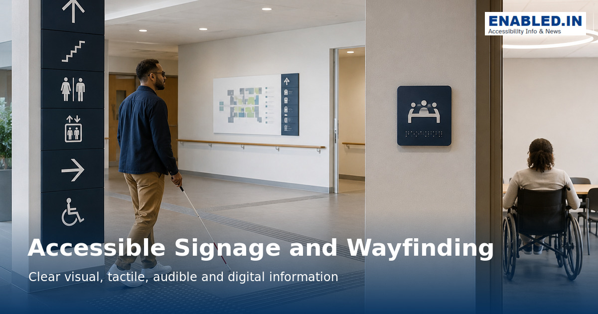 White cane user navigating a modern building with high-contrast directional signs and tactile room identification