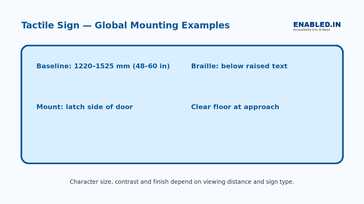 Tactile sign measurement guide showing mounting range, braille placement and latch-side location