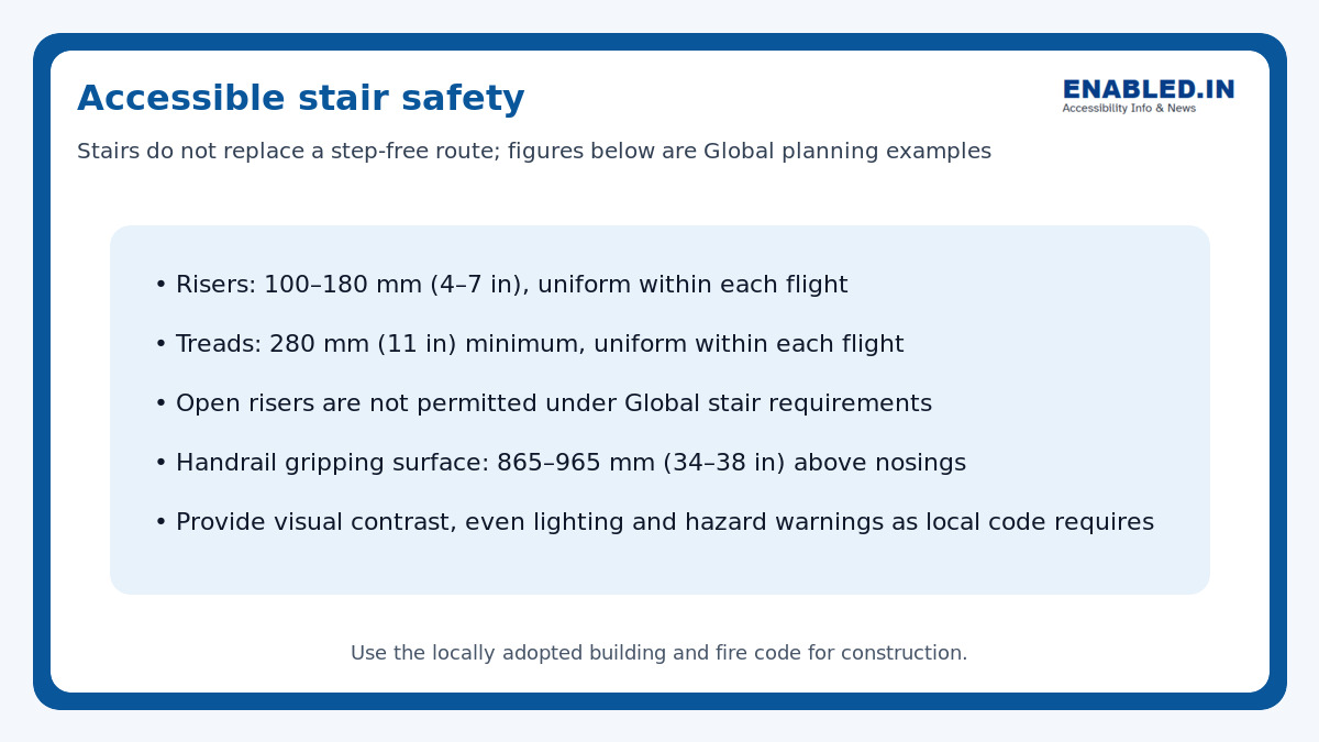 Accessible stair safety guide showing one national reference riser, tread and handrail dimensions and key visual-safety features.