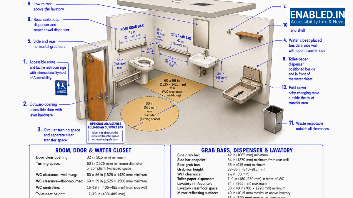 Exploded-view accessible toilet room showing a step-free door, turning circle, transfer space, water closet, grab bars and lavatory.