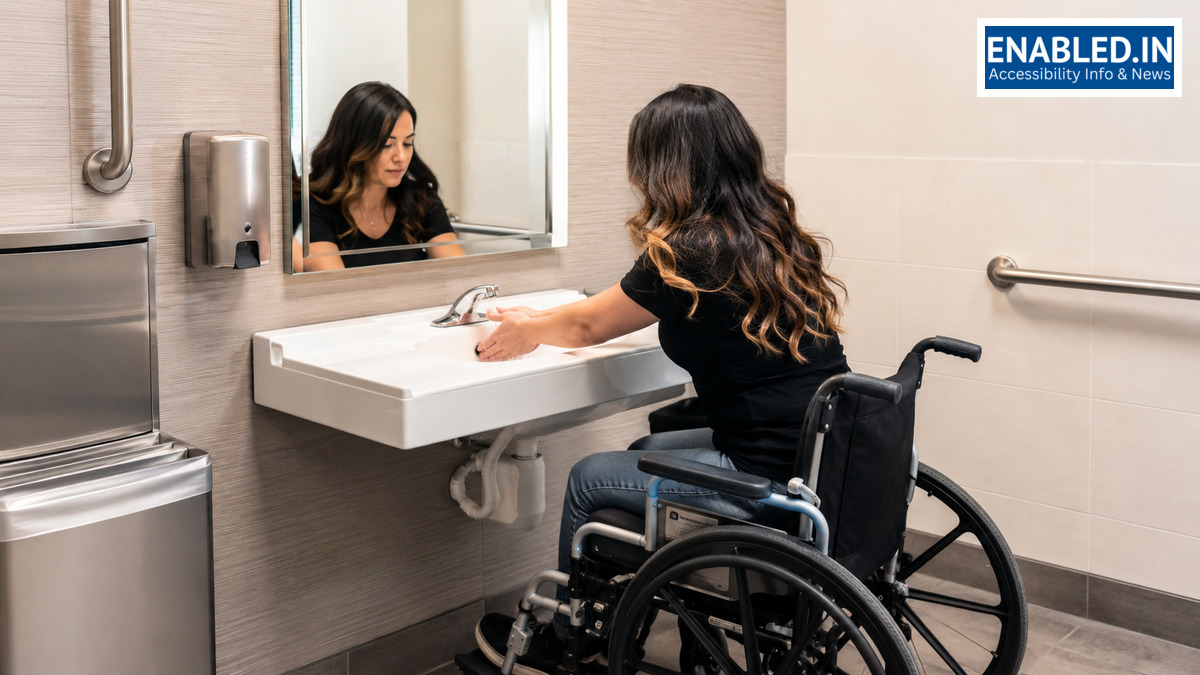 Wheelchair user independently using a wall-hung accessible lavatory with knee clearance and a low mirror.