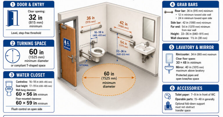 Accessible toilet room measurement cheat sheet showing step-free entry, turning space, water closet, grab bars, lavatory and accessory dimensions.