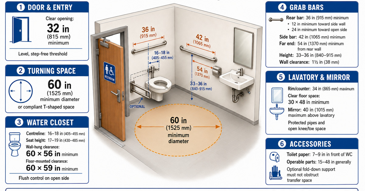 Accessible toilet room measurement cheat sheet showing step-free entry, turning space, water closet, grab bars, lavatory and accessory dimensions.