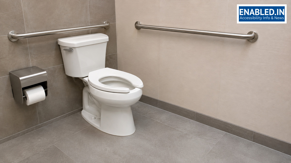 Accessible water closet with separate horizontal rear and side-wall grab bars and a nearby toilet-paper dispenser.