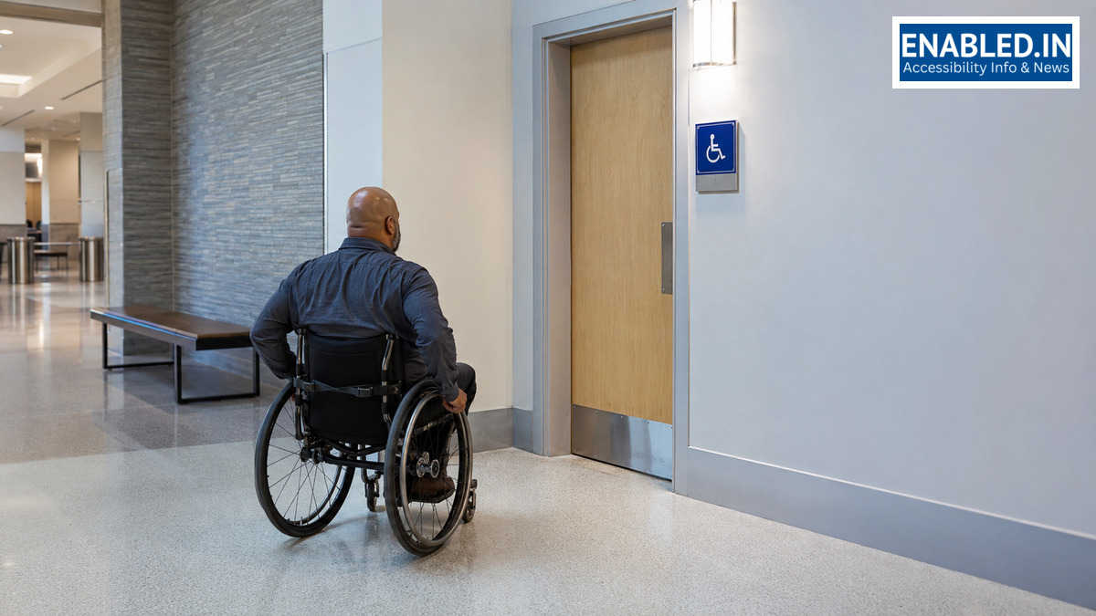 Wheelchair user approaching a clearly signed accessible toilet room through a level, step-free entrance.