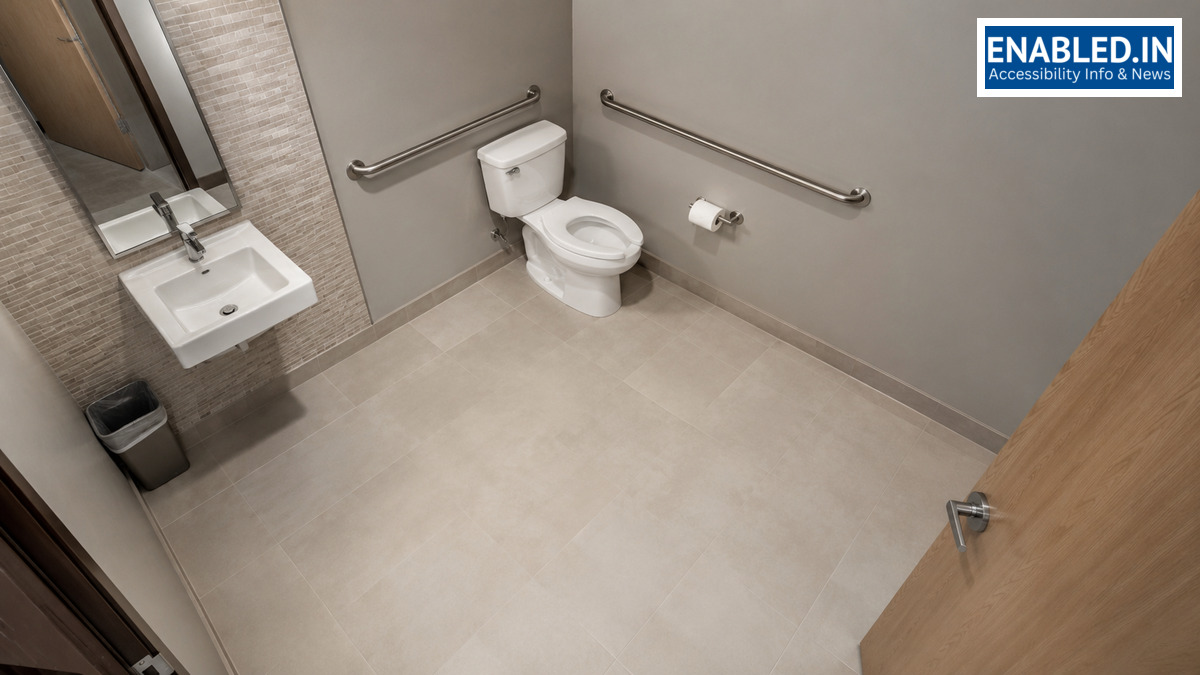 Single-user accessible toilet room with clear floor area for wheelchair turning and transfer beside the water closet.