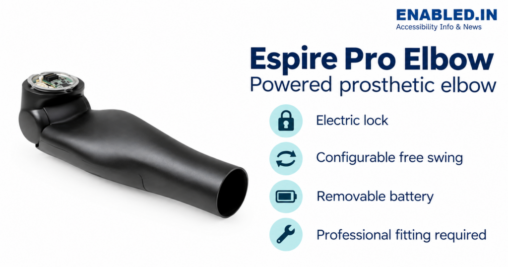 Espire Pro powered prosthetic elbow with electric lock, configurable free swing and removable battery.
