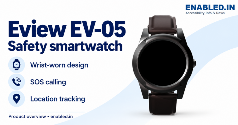 Eview EV-05 round black smartwatch with a dark strap. Enabled.in product overview: wrist-worn design, SOS calling and location tracking.