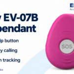 Pink Eview EV-07B pendant with a round SOS button and lanyard opening. Enabled.in product overview: SOS help button, two-way calling and location tracking.