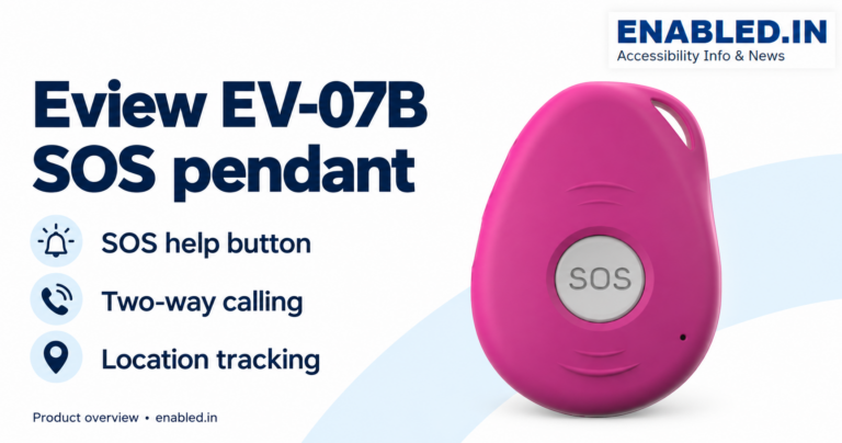 Pink Eview EV-07B pendant with a round SOS button and lanyard opening. Enabled.in product overview: SOS help button, two-way calling and location tracking.